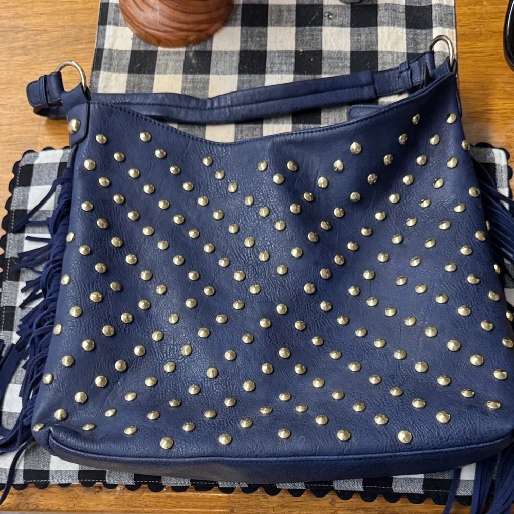 Navy Studded Hobo Bag with Tassel Accent